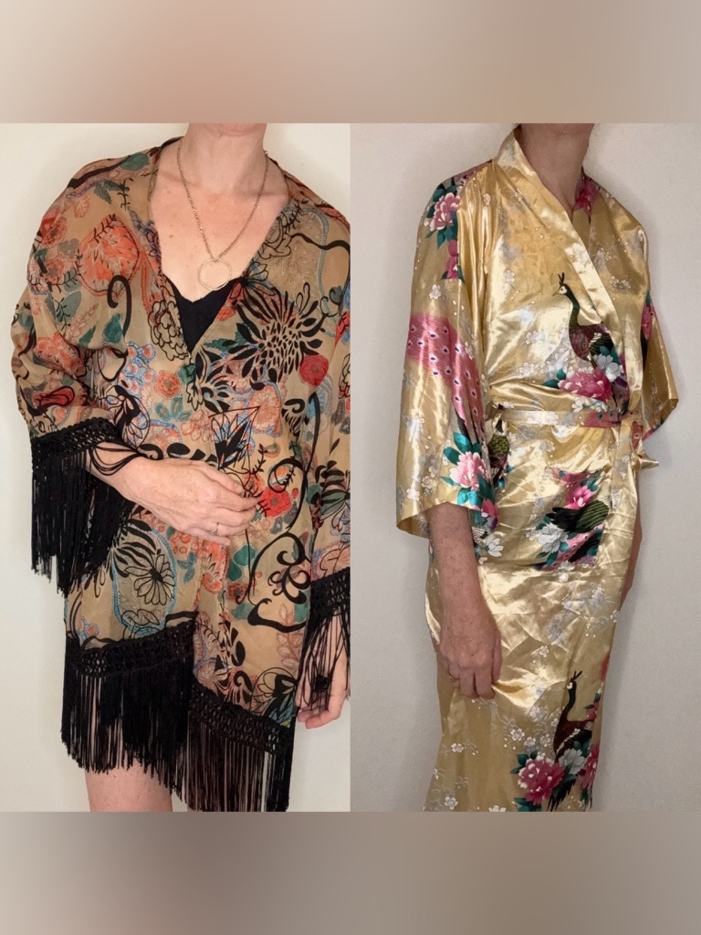 Two Kimonos — Gold Floral Satin & Beige Fringe Floral